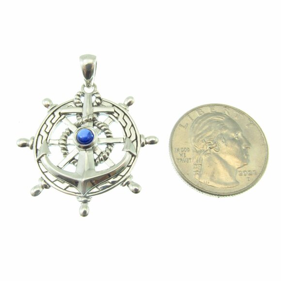 Solid 925 Sterling Silver Ship's Wheel Helm Pendant w/ Sapphire Nautical Jewelry - Picture 5 of 9